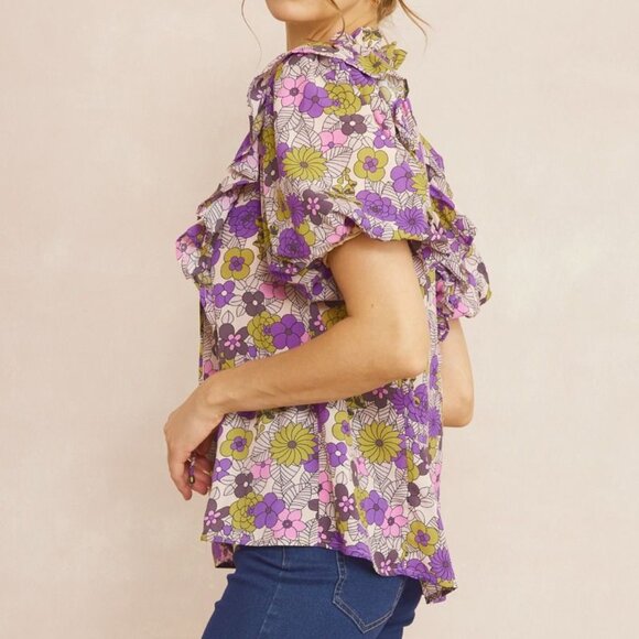 NWT Entro Floral print v-neck puff sleeve top -Size XL - Picture 2 of 5